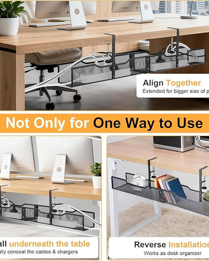 No Drill Under Desk Cable Management Tray, Extended-Length Metal Mesh Wire Organizer with Heavy Duty Clamp Mount for Home Office Standing Desk - Damage Free Cord Organization Solution