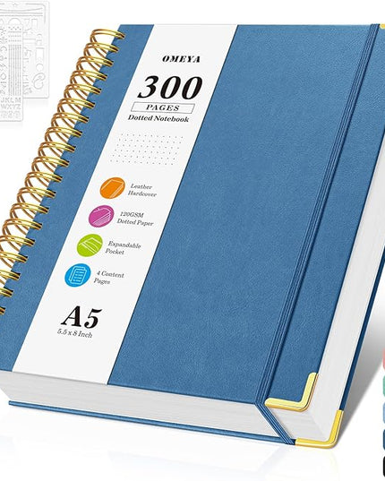 Bullet Dotted Journal Spiral Notebook, 300 Pages Leather Notebooks with Contens, 120 GSM Thick No Bleed Through Paper Journals, A5 Dot Grid Notebook for Women Men Work Writing, 5.5" x 8", Dark Blue