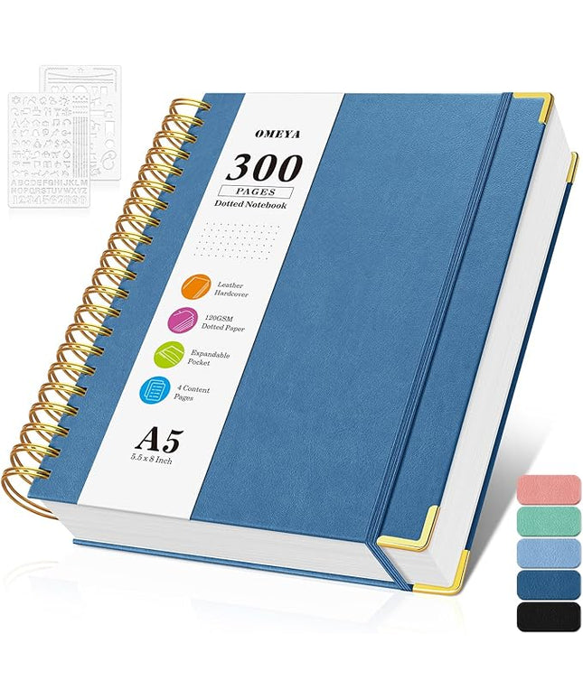 Bullet Dotted Journal Spiral Notebook, 300 Pages Leather Notebooks with Contens, 120 GSM Thick No Bleed Through Paper Journals, A5 Dot Grid Notebook for Women Men Work Writing, 5.5" x 8", Dark Blue