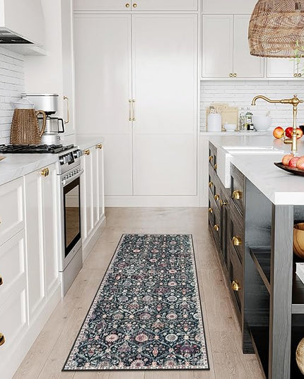 Lahome Moroccan Trellis Kitchen Runner, 2x5 Rug Runners for Hallways Non Slip Laundry Room Rug, Ultra-Thin Washable Vintage Carpet for Bedroom Bathroom, Black/Multi