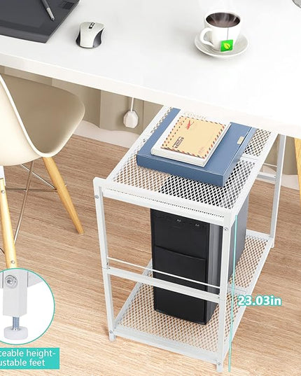 YBING Computer Tower Stand White PC Tower Stand 2 Tier CPU Holder with Wheels Metal Mobile Computer Tower Cart Rolling PC Cart Floor for Fax Home Office