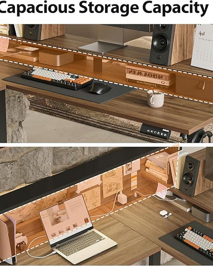 Agilestic L-Shaped Electric Standing Desk, 63x55 Inch Ergonomic Adjustable Height Desk with Storage, Stand Up Corner Desk Sit Stand Computer Table Power Outlet & LED Lights, Office Table, Dark Walnut