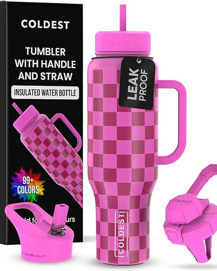 Coldest Tumbler with Handle and Straw, 100% Leak Proof Insulated Tumbler with Lid and Straw (3 Lids), Stainless Steel Tumblers for Women & Men, Cup Holder Friendly, 46 oz (Purple Checkers)