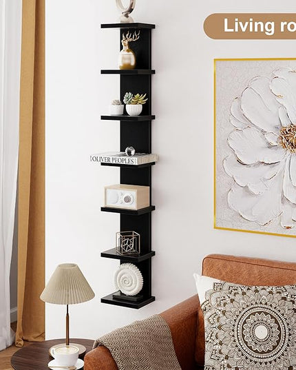 Fun Memories 7 Tier Wall Shelf Unit, Black Floating Shelves for Storage - Vertical Column Tower Design, Lack Wall Shelf Space Saving Organizer for Bedroom, Living Room, Home Decor