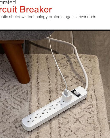 GE 6-Outlet Power Strip, 12 Ft Extension Cord, Flat Plug, Grounded, Integrated Circuit Breaker, 3-Prong, Wall Mount, ETL Listed, White, 45195