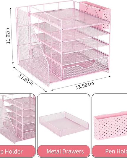 OUTIOE Desk Organizer with Drawer and Pen Holder, 5-Tier Paper Letter Tray Organizer with File Holder, Suitable for Workspace Organizer Office Supplies Storage (Pink)