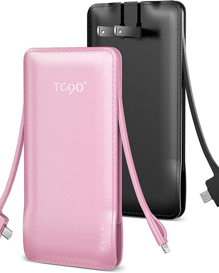TG90° 2 Pack Slim 10000mAh Power Bank Built-in Foldable AC Wall Plug and Cables,Ultra Compact Cell Phone Charger,Pocket Size USB C Portable Charger Compatible with iPhone Samsung,Black & Pink