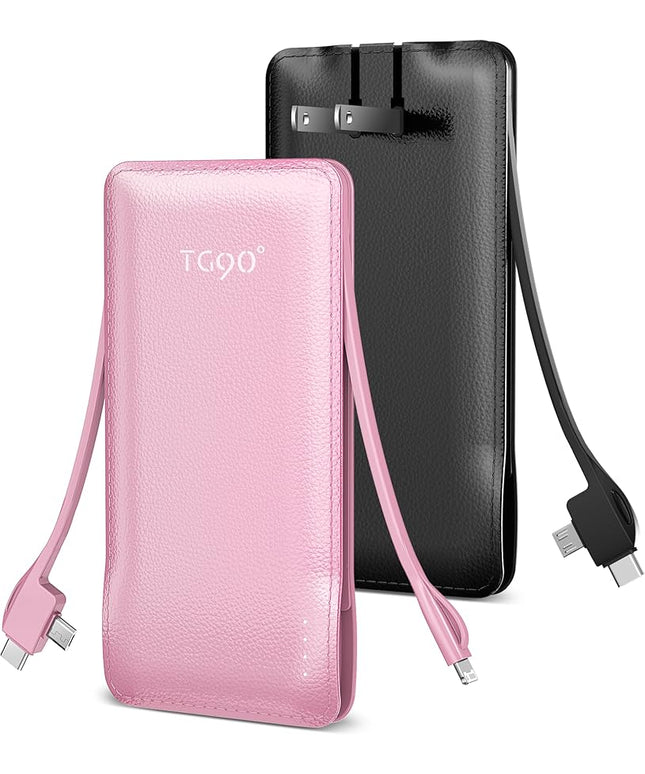 TG90° 2 Pack Slim 10000mAh Power Bank Built-in Foldable AC Wall Plug and Cables,Ultra Compact Cell Phone Charger,Pocket Size USB C Portable Charger Compatible with iPhone Samsung,Black & Pink