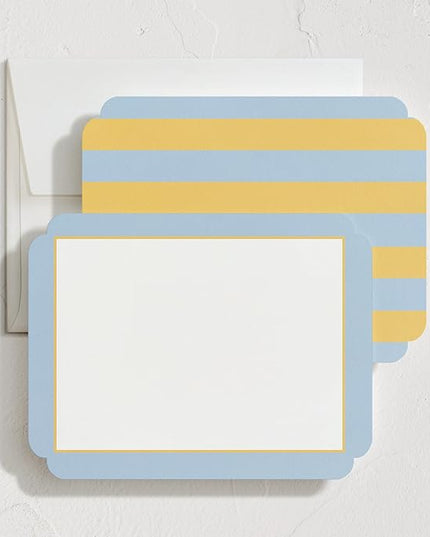 Minted July Stationery Set, Set of 10, Flat Note Cards & Envelopes for Invitations & Handwritten Thank You Messages, Blue & Yellow Stripes in Classic Frame Shape, Gifts for Women, Luxurious Paper