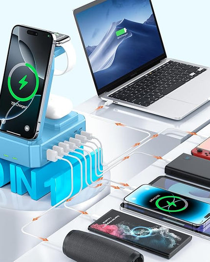 300W Charging Station for Multiple Devices Apple, Zutspzss 10 in 1 Wireless Charger for iPhone 16, GaN III USB C 65W PD Fast Charging Stand Dock for Apple Watch&Airpods,Blue