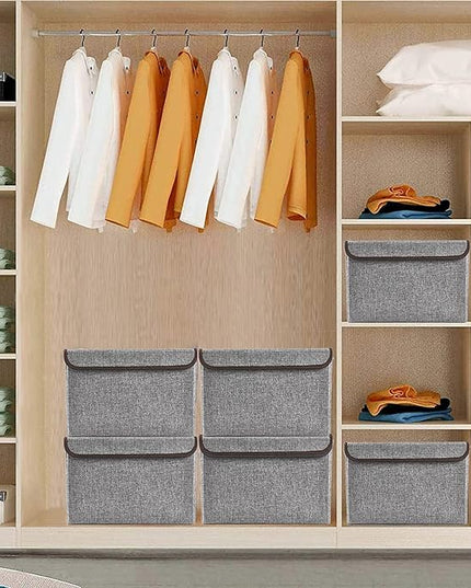 Large 22 Quart Linen Fabric Foldable Storage Bin Cube Organizer Basket with Flip-Top Lid & Handles, Clothes Blanket Box for Home, Office, Closet, Gray, 4 Pack 14.6 x 9.5 x 9.5”