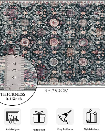 Lahome Moroccan Trellis Washable Rug, 2x3 Entryway Rugs for Kitchen Bathroom, Non-Slip Indoor Door Mat Ultra-Thin, Small Oriental Throw Carpet for Bedroom Entry, Black/Multi