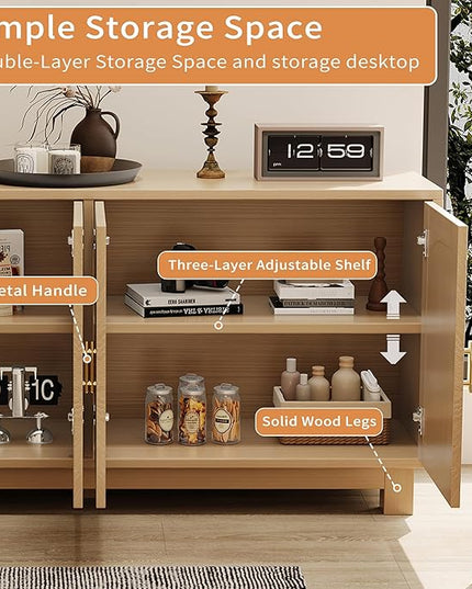 Maggym 63" Sideboard Buffet Cabinet with Storage, 4-Door 2-Tier Storage Cabinet, Multi-Use Organizer for Living Room & Dining Room, Oak