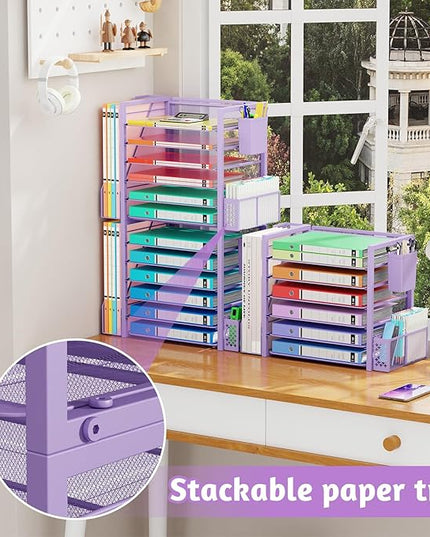 Simple Trending 6 Tier Desk File Organizer, Paper Letter Tray Organizer with File Holder and Pen Container, Purple
