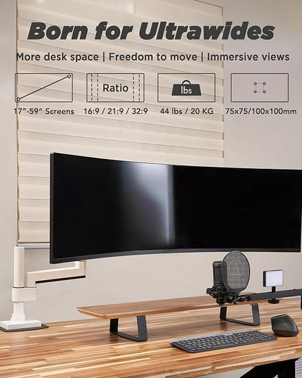 Heavy Duty Monitor Arm for Ultrawide Monitors up to 57" and 44 lbs, Single Desk Stand, Pneumatic Height Adjustable, Modular Extension Arms - Max VESA 100x100, White, MA20PW-S