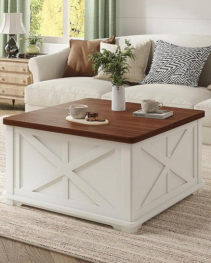 Airynee Farmhouse Coffee Table, 31.5" Lift Top Coffee Table with Storage, Square Coffee Tables for Living Room, Wooden Coffee Tables with Brown Flip-Top Lids for Home Office, White