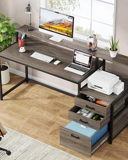 Tribesigns 63 Inch Computer Desk with File Drawer Cabinet, Ergonomic Office Desk with Monitor Stand, Industrial Computer Table with Printer Space, Wood PC Table Workstation Desk for Home Office