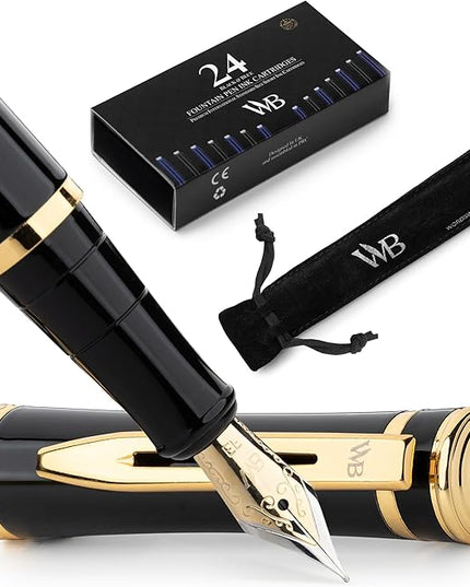 Wordsworth & Black Fountain Pen Set, 18K Gilded Extra Fine Nib, Includes 24 Pack Ink Cartridges, Ink Refill Converter & Gift Pouch, Gold Finish, Calligraphy, [Black Gold], Perfect for Men & Women