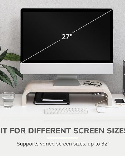 Anji Mountain Wood Monitor Stand Riser Desk Desktop Organizer Table for Home, Office Workspace, Laptop Riser, Ergonomic Design Stand for Gaming Setup, with Power Source, White Wash