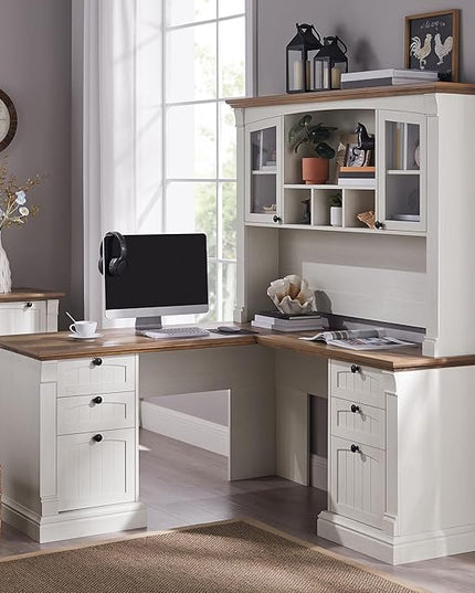 OKD 60" L Shaped Executive Desk with Hutch and Drawers, Farmhouse Home Office Desk with Charging Station, File Cabinet Storage, Wood Corner Computer Desk for Work and Study, Antique White