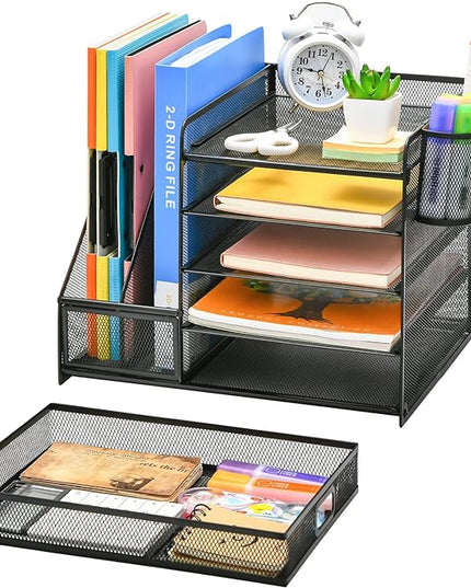 Marbrasse Desk Organizer with File Holder, 5-Tier Paper Letter Tray Organizer with Drawer and 2 Pen Holder, Mesh Desktop Organizer and Storage with Magazine Holder for Office Supplies(Black)