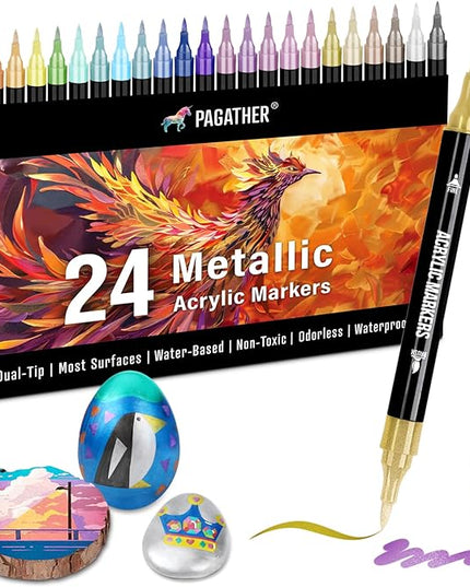 24 Metallic Colors Acrylic Paint Markers, Dual Tip with Fine Tip and Brush Tip Pens for Stone, Wood, Calligraphy, Canvas, Ceramic, Metal, Glass, Rock Painting, DIY Crafts
