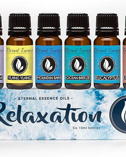Eternal Essence Oils Relaxation Set of 6 Premium Fragrance Oils - Includes Lavender Chamomile, Ylang Ylang, Mountain Rain, Ocean Breeze, Eucalyptus, and Sandalwood Scented Oils - 10ML