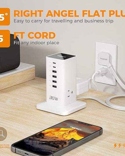 Charging Station 30W, TESSAN 9-in-1 Charger Blocks for iPhone 17/16/15/14, Tablets, Earphone with Surge Protector, 5ft Flat Extension Cord with 4 USB A, and 2 USB C for Home, Office, Drom, White