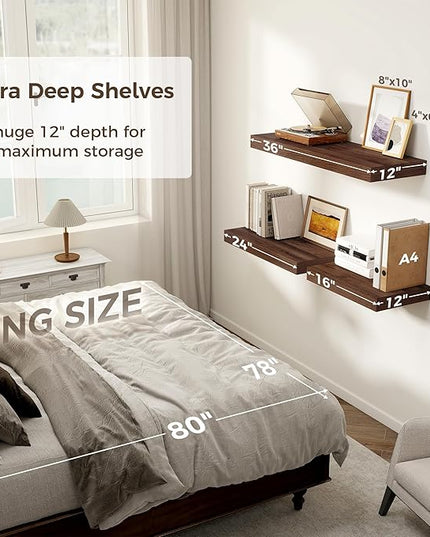 Floating Shelves 36 Inch Long, 12 Inch Deep Floating Shelves for Wall, 36 x 12 Shelves for Wall Storage & Display, 2" Thick Floating Shelf for Bathroom, Living Room, Bedroom, Walnut Color, Set of 2