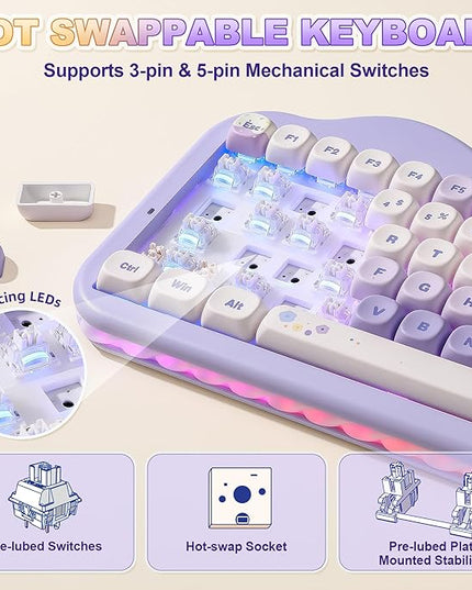 YUNZII C75 Wireless Mechanical Keyboard,75% Layout, Hot-Swappable NKRO,BT5.0/2.4G/USB-C Mode,Dye-Sub PBT MOA Keycaps,RGB Gasket Mount,Cute Cake Design for Mac/Win/Gaming (Purple, Milk V2 Switch)