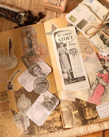 200Pcs Vintage Scrapbook Stickers, Aesthetic Junk Journal Stamping Supplies Kit, Scrapbooking Ephemera Washi Paper for Bullet Journaling Planners Diary Collage