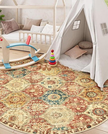 Lahome Moroccan Trellis Washable Round Area Rug, Soft Round Rugs 6ft Ultra-Thin Non-Slip, Vintage Large Circle Carpet for Bedroom Living Room Kitchen Nursery, Red/Orange