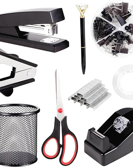 Black Desk Accessories, Office Supplies Set with Stapler, Tape Dispenser, Staple Remover, Pen Holder, Scissor, Binder/Paper Clips, Ballpoint Pen, Clear Tape and 1000pcs Staples