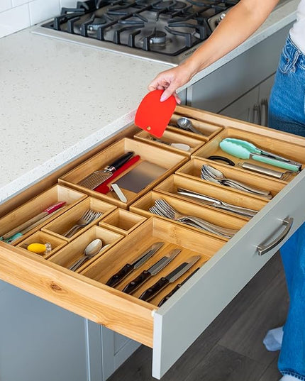 Grow Forward Bamboo Drawer Organizer Boxes - Set of 21 Wooden Drawer Organizers for Kitchen, Bathroom, Office, Desk, Vanity, Makeup - Non-Slip Junk Drawer Organizer Trays for Storage and Organization