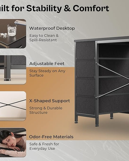 Huuger 63 Inch L Shaped Desk with Fabric Drawers, Reversible Computer Gaming Desk with Power Outlets and USB-C Port, Adjustable Side Storage Shelves, for Work Study Corner Home Office, Black