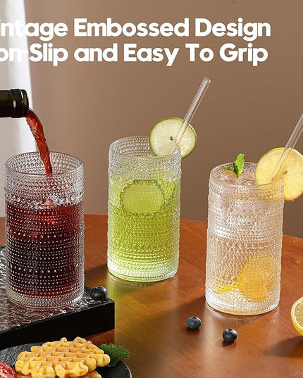Vintage Hobnail Drinking Glasses Set of 12, 16 oz Large Capacity Embossed Clear Tumblers, Highball Glasses for Water, Cocktail, Beer, Whiskey, Kitchen & Bar Use