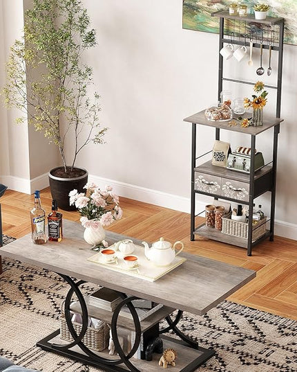 GiftGo Small Coffee Bar Station Narrow Corner Baker Rack Stand with 2 Storage Fabric Drawers 5 S Hooks for Small Spaces Farmhouse Bakers Rack for Kitchen, Entryway, Living Room (Grey, Narrow)