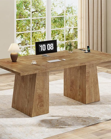 63 in Executive Desk with Power Outlets, Modern Home Office Desk with Storage Cabinet, Wood Computer Desk Business Workstation Desk Conference Table (Oak)