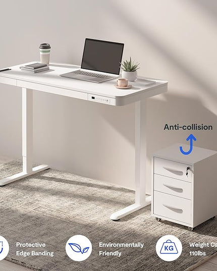 FLEXISPOT Comhar Electric Standing Desk with Drawers Charging USB A to C Port, Height Adjustable 48" Whole-Piece Home Office Computer Laptop Table with Storage (White Top + Frame)
