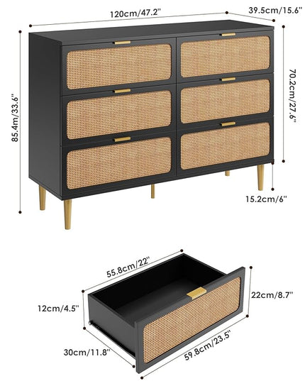 Garvee Rattan Dresser with 6 Drawers, Tall Modern Closet with Deep Storage, Large Chest of Drawers with Wide Top, Long Wooden Dresser for Bedroom, Living Room, Hallway, Kids Room, Black