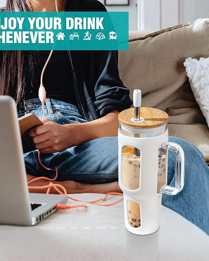 Glass Tumbler with Lid and Straw, 46 oz Iced Coffee Cup with Handle, Large Water Bottles with Silicone Sleeve, Glass Cup with Straws - Pearl Straw & Drinking Straw BPA Free-White