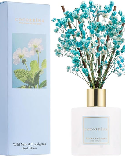 COCORRÍNA Reed Diffuser - Wild Mint & Eucalyptus 6.7 Fl.oz Reed Diffuser Set with Sticks & Preserved Baby's Breath, Reed Diffuser for Home Bathroom Shelf Decor