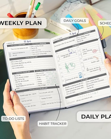 Clever Fox Daily Planner – Undated Planning Notebook with Hourly Schedule & To-Do List – Personal Day Task & Work Organizer, 6 Months (Silver Black)