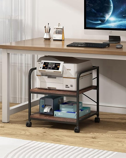Under Desk Printer Stand, 20 Inches Deep Large Printer Table with Height Adjustable Storage Shelf, 2 Tier Rolling Printer Cart with Wheels for Home Office - Rustic Brown