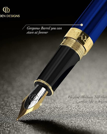 Dryden Designs Fountain Pen. Medium Nib Premium Box | 6 Ink Cartridges Included (Mysterious Blue)