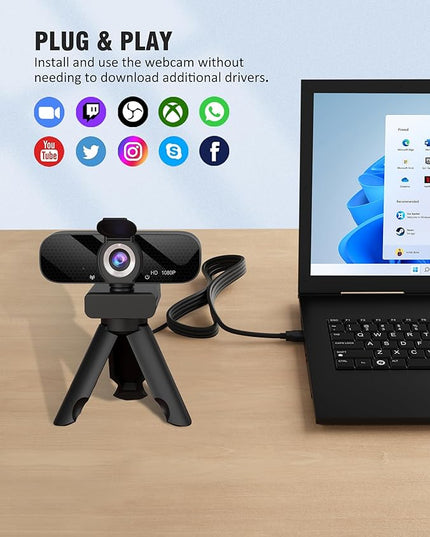 Tewiky 1080P Webcam with Microphone and Rotatable Tripod Wide Angle Camera for Desktop PC or Laptop Computer,Plug and Play, for Zoom/Skype/Teams, Conferencing and Video Calling