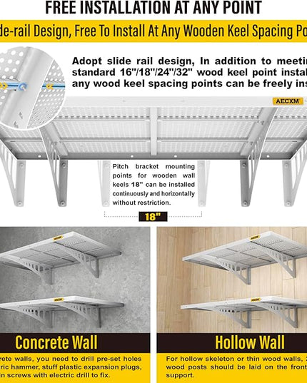 2-Pack 2x3ft Adjustable Garage Wall Shelving 560lbs Load Capacity Heavy Duty Wall Mounted Storage Shelf Metal Floating Shelves for Garage(White)