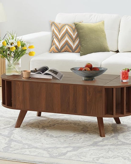 Janmer Home Small Lift Top Coffee Table with Storage, 47.3" Mid Century Modern Curved Coffee Table, Oval Center Table with Lift Tabletop for Living Room, Office (Walnut)
