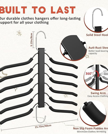 Clothes Hangers Space Saving 6 Tier Coat Hangers, Swing Arm Non Slip Padded Multi Sweater & T Shirt Hangers, 3 Packs Heavy Duty Stainless Steel Sweater Closet Organizers and Storage