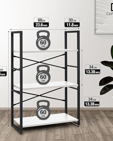 CAPHAUS 3 Tier Small Bookshelf, 24 Inch Width Free Standing Shelf, Bookcase Shelf Storage Organizer, Industrial Book Shelves for Home Office, Living Room, White Shelves & Metal Frame